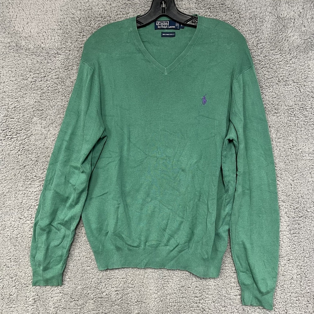 VTG Polo Ralph Lauren Sweater Men's Size L Green Italian Yarn V-Neck Sweatshirt